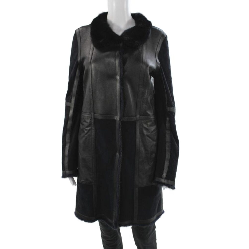 J. Mendel Womens Leather Black Overcoat Long Sleeve Size 4
